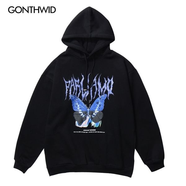 

gonthwid butterfly print hoodies sweatshirts streetwear mens harajuku hip hop casual pullover hooded fashion hoodie 201104, Black