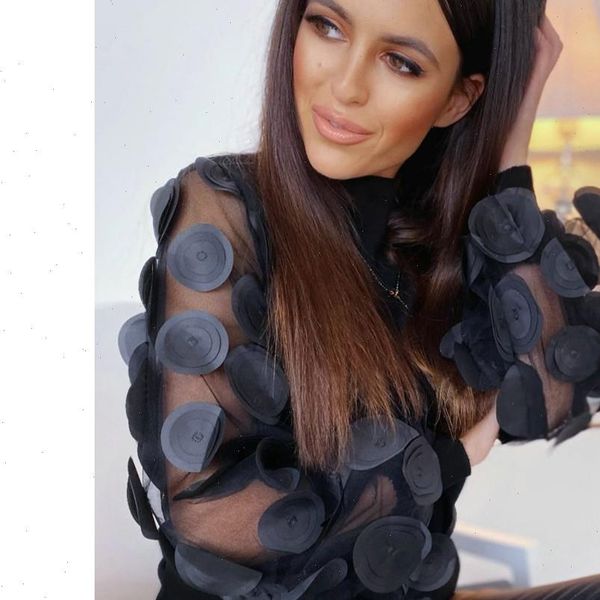 

z15 women stylish floral black blouse long puff sleeve stretchy transparent o neck female 2021 chic brand blusas, White