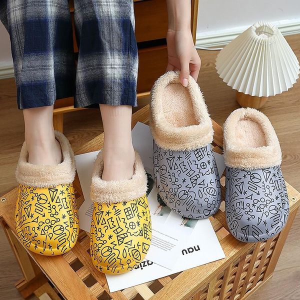 

slippers winter warm women men graffiti waterproof plush cotton shoes memory foam couples non-slip home bedroom ladies fur slide, Black