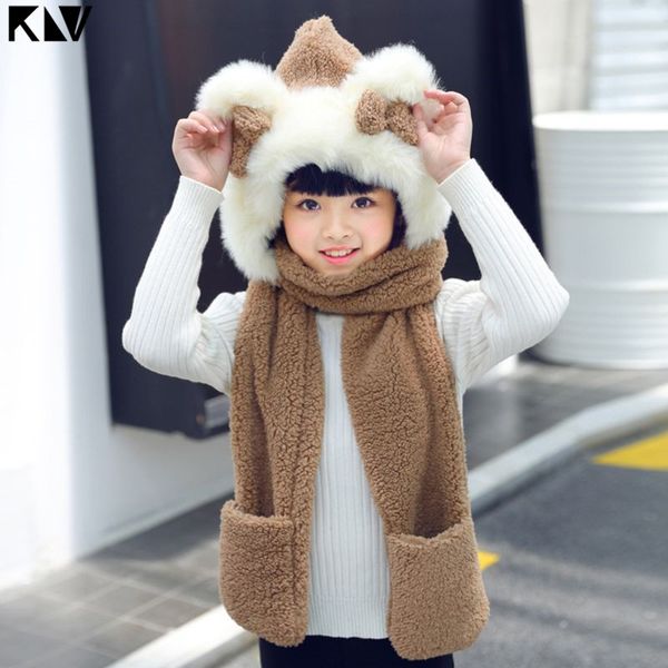 Crianças 3 em 1 chapéu de inverno de luxuoso quente chapéu bonito bowknot urso orelhas lenço luvas hoodie boné