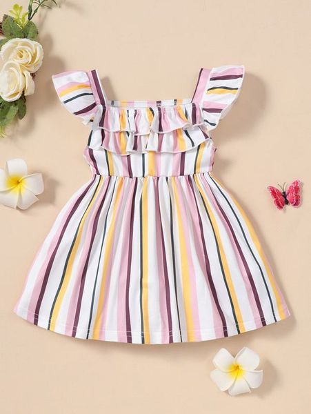 

baby striped print butterfly sleeve ruffle trim dress she, Red;yellow
