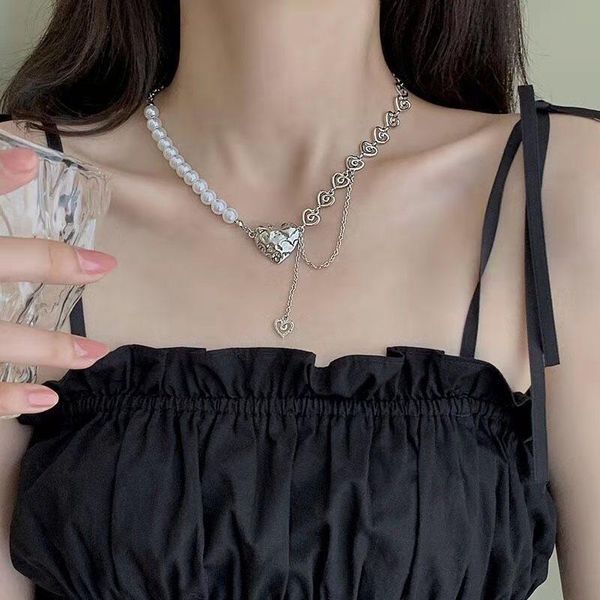 

pendant necklaces kpop vintage baroque pearl choker metal heart angel clavicle chain short necklace for women egirl goth cool punk jewelry, Silver