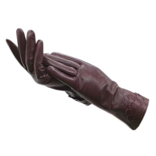 

five fingers gloves goatskin winter ladies fashion wrist sheepskin wine red driving sports outdoor warm leather thickened 2021-001, Blue;gray