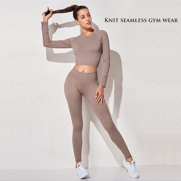 

2pcs seamless yoga set workout clothes for women long sleeve gym crop high waist leggings fitness set sports suits, White;red