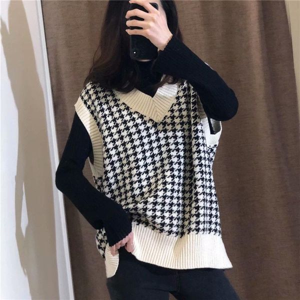 

houndstooth plaid sweater vest women autumn v-neck sleeveless knitted vintage loose oversized female pullover waistcoat, Black;white