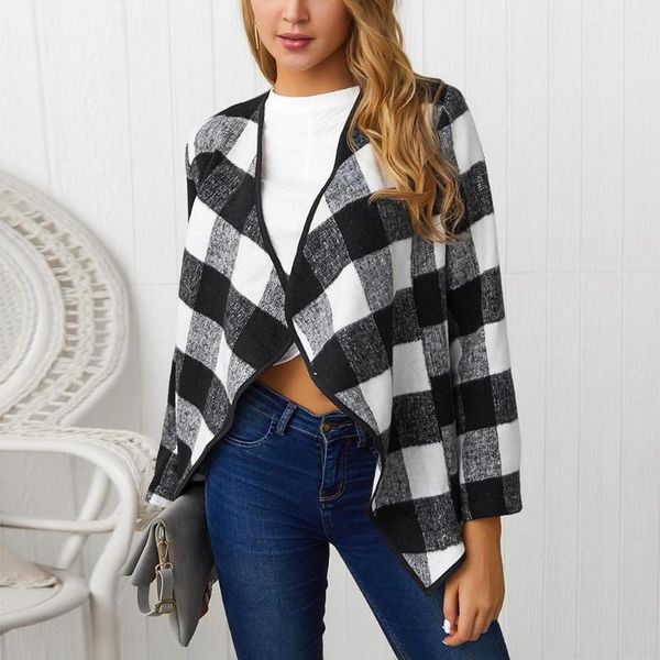 

plaid irregular cardigan lapel woolen coats autumn women loose outwear plaid hit color shawl jackets dropshipping, Black;brown