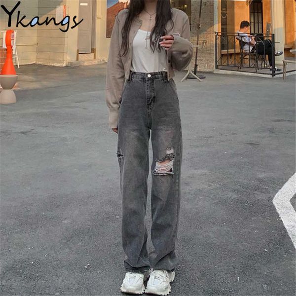 

black ripped hole wide-leg jeans high street korean trendy denim women's pants loose waist streetwear straight-leg trousers 210927, Blue