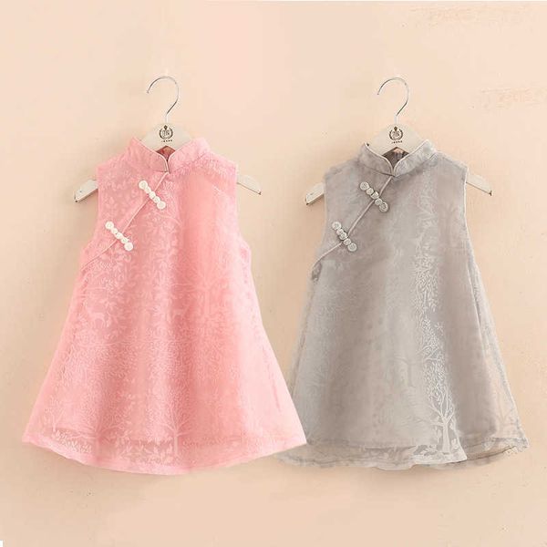 

summer 2-12 years old chinese ethnic vintage style mandarin collar sundress kids baby lace cheongsam girl dress 210529, Red;yellow