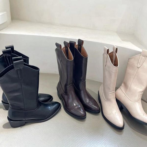 

boots monmoira geometric pattern pointed toe western cowboy women med heel slip on mid-calf riding shoes, Black