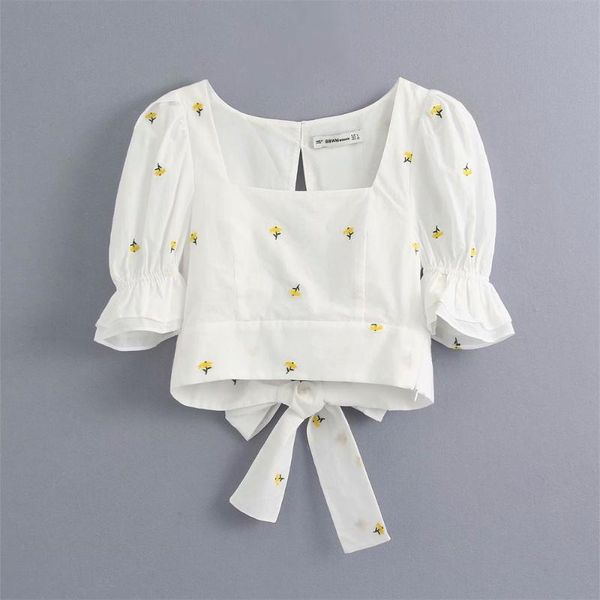 

2021 summer women's new french square collar short sleeve casual embroidery thread pattern bubble sleeve short shirt, White