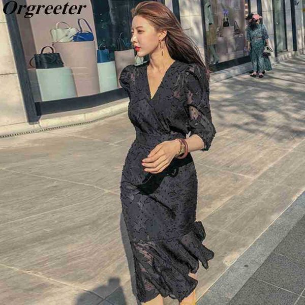 

korea women ol dress spring summer tassel appliques chiffon half sleeve ruffles bodycon mermaid midi 210525, Black;gray