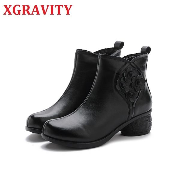 

xgravity autumn winter boots fashion cow genuine leather ankle boots chunky high heel shoes simple pumps female shoe s169 210429, Black