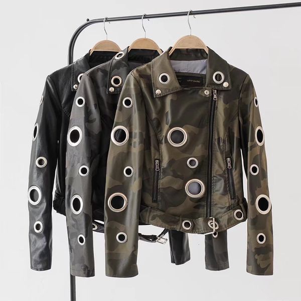 

europe autumn new large loop hollow leather jacket buckle belt zipper leather coat motorcycle leather coat pu female bike style jacket, Black