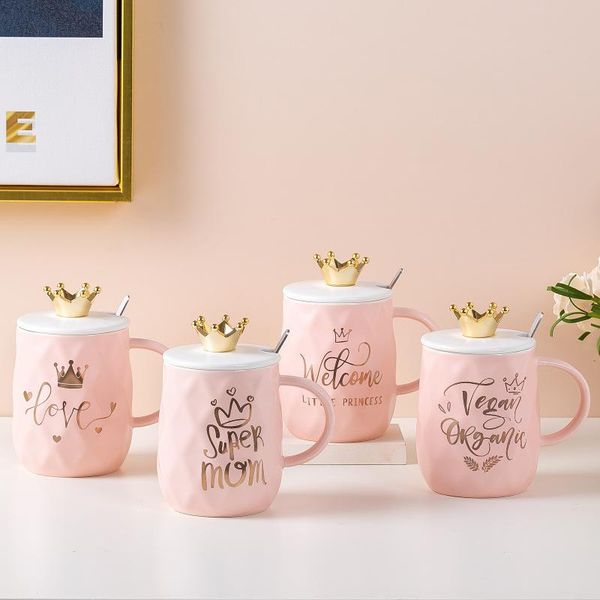 

mugs mug creative pink crown cute korean personality girl ceramic cup with lid spoon couple water gift