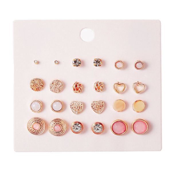 

vintage geometric heart gold metal earring set fashion crystal round dripping oil pink stud earrings for woman trendy jewelry, Golden;silver