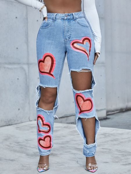 

sxy heart print ripped jeans n53w#, Blue