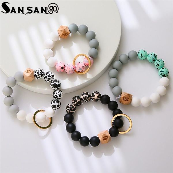 

keychains colorful silicone wood beads keychain bracelet key chians for women girls bags car rings jewelry accessories, Silver