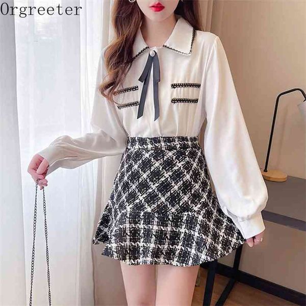 

spring tweed short skirt sets elegant long sleeve braided trim bow shirt + high waist plaid mermaid 2pcs suits 210602, White