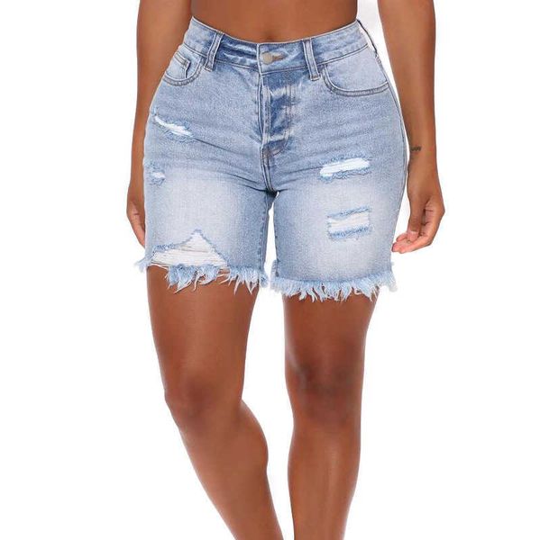 

jeans 2021 summer fashion hole tassel high stretch denim shorts, Blue