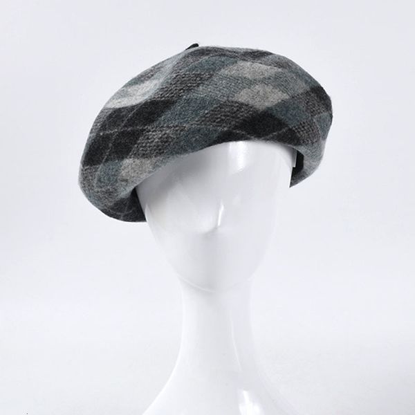 

2021 new ladies wool beret fashion plaid autumn winter flat hats for women vintage rhombus french cap wholesale zgls, Blue;gray