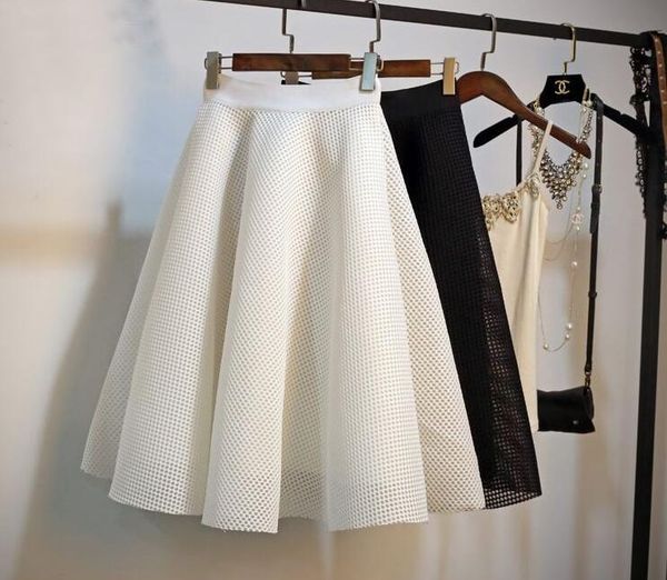 

skirts 2021 spring summer korea fashion women high waist a-line knee-length plaid hollow out mesh swing plus size, Black