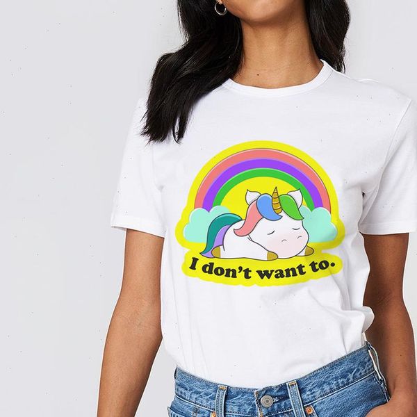 2021 unicorn i dont want to print t shirt lip women base o neck rainbow tees funny girls tshirt, White