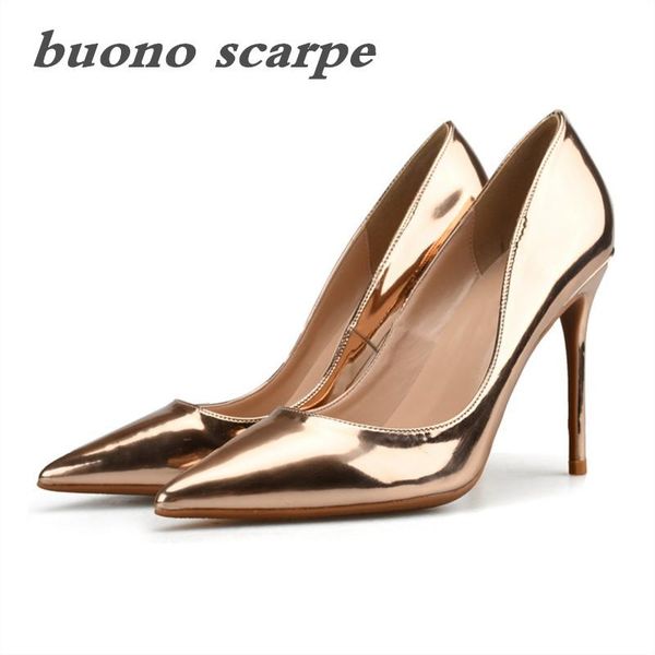 

dress shoes club rose gold pointed stiletto heels metal mirror women's lacquered leather silver single large size 32-46, Black