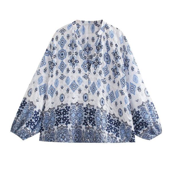 

women's blouses & shirts women print embroidery fashion boho casual loose v-neck female elegant ruffles puff long sleeve summer, White