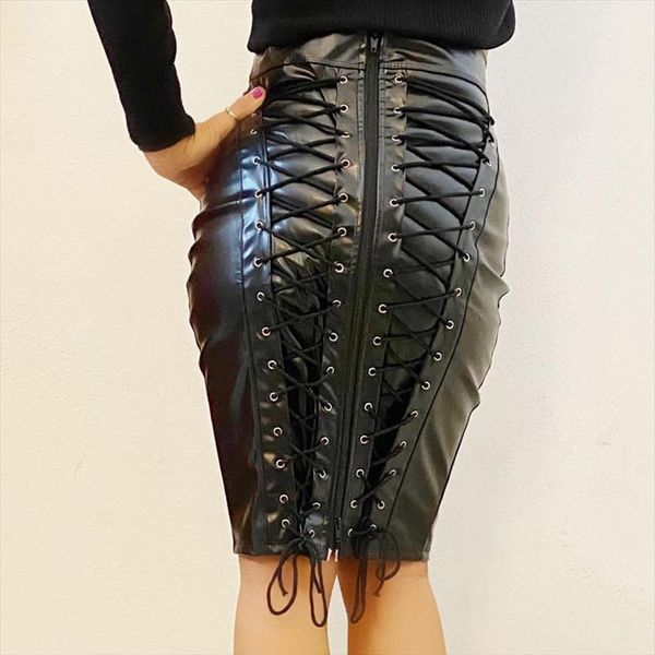 

knee length fashion faux leather women skirts high waist back zipper punk pencil femme, Black