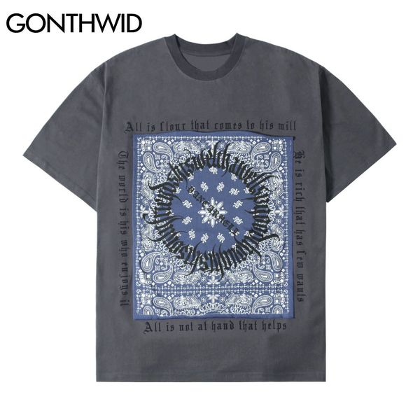 

gonthwid tshirts harajuku hip hop casual bandana paisley pattern print short sleeve cotton t-shirts streetwear loose tees c0315, White;black