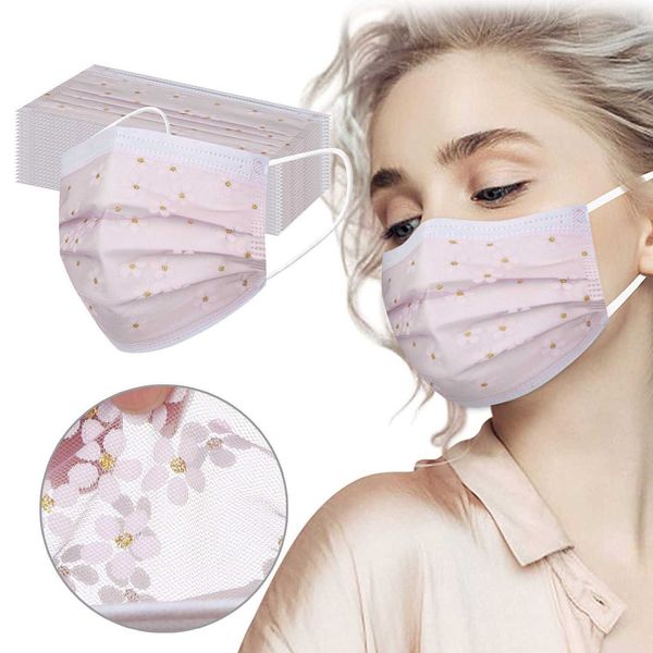 

100pcs face mask women sequins net yarn 4ply ear flowers print breathable safe protect mask mascararilla halloween cosplay