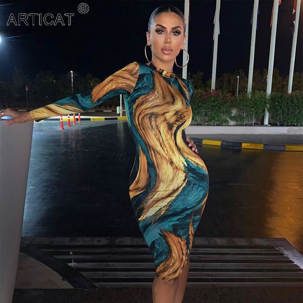 

tie dye printed bodycon dress women long sleeve skinny midi dress 2021 spring fashion clothes club party dresseshigh quality, Black;gray