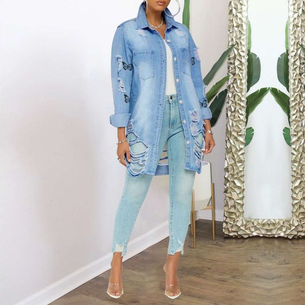 

fashion hole print denim long coat large women's wear, Black;brown