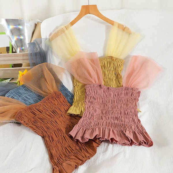 

stitching see-through mesh super fairy niche vest short summer versatile sleeveless women 210709, White