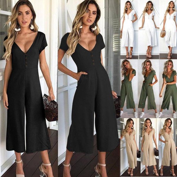 

summer rompers women's sets jumpsuit fashion deep v-neck button long playsuit casual loose overalls plus size, Gray