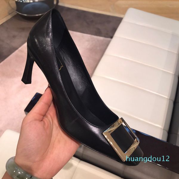 

designer- women fashion square toe shoes womens stiletto heel high heels mid heel nude square buckle wedding, Black