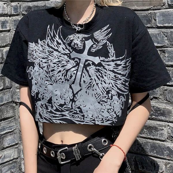

2021 new ins harajuku printing dark slimming down sleeves goth fashion short women's clothes lezi, White