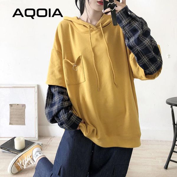 

women's hoodies & sweatshirts 2021 autumn streetwear patchwork plaid loose women sweatshirt oversize fake two pieces womens hoodie fema, Black