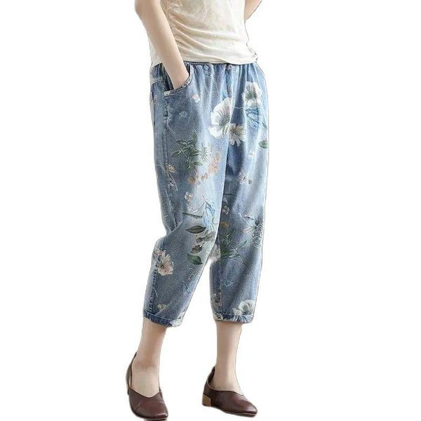 

women's jeans 2021 printed seven points elastic waist trousers cotton cowboy female pants loose harlan ladies, Blue