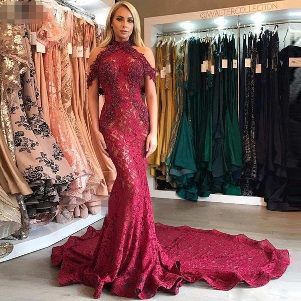 

burgundy beaded lace mermaid prom dresses 2021 appliques off shoulder evening dress vestidos sheer long train lady event party gowns, Black;red