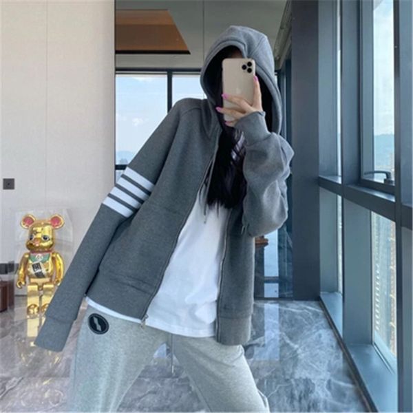 

good quality tb waffle sweater zipper cardigan hooded loose coat live broadcast, Black
