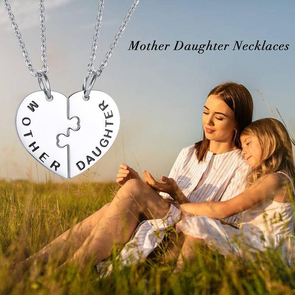 

pendant necklaces 2pcs mother and daughter necklace set jewelry, half heart puzzle charm for mom gifts, Silver
