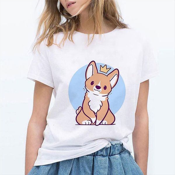 

funny corgi fashion tees women cartoon print graphic clothes korean style, White