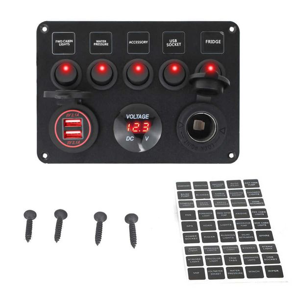 

5 gang boat switch panel car switch panel waterproof digital voltmeter dual usb port 12v outlet combination marine led rocker car