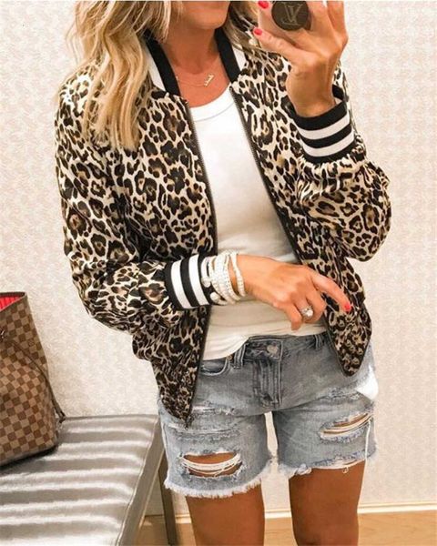 

leopard printed bomber jacket women o neck long sleeve casual zipper short female coat spring women's jacket 101337, Black;brown