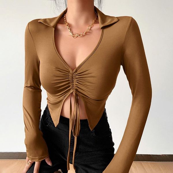 

women's t-shirt harajuku solid v-neck shirring bandage short tees women casual long sleeve bottomed slim t-shirts, White