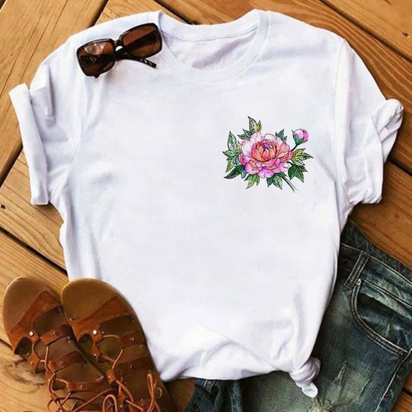 

new summer women flower tshirts pocket graphic printed t shirt fashion round neck woman clothing short sleeve tshirts tees, White