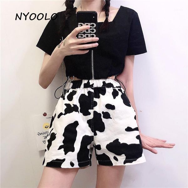 

harajuku streetwear white cow pattern high waist joggers shorts women summer elastic sweet kawaii girls outfit women's, White;black
