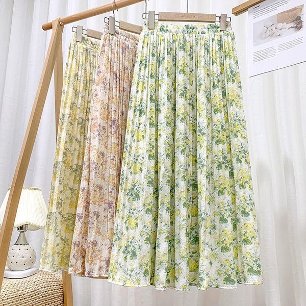 

skirts 2021 women chiffon midi skirt female fashion high waist a-line summer woman vintage floral print beach x441, Black