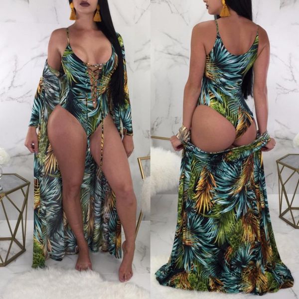 

one-piece suits iasky 2021 one piece swimsuit with beach cover-ups women green leave print swimwear bathing suit 2pcs/set